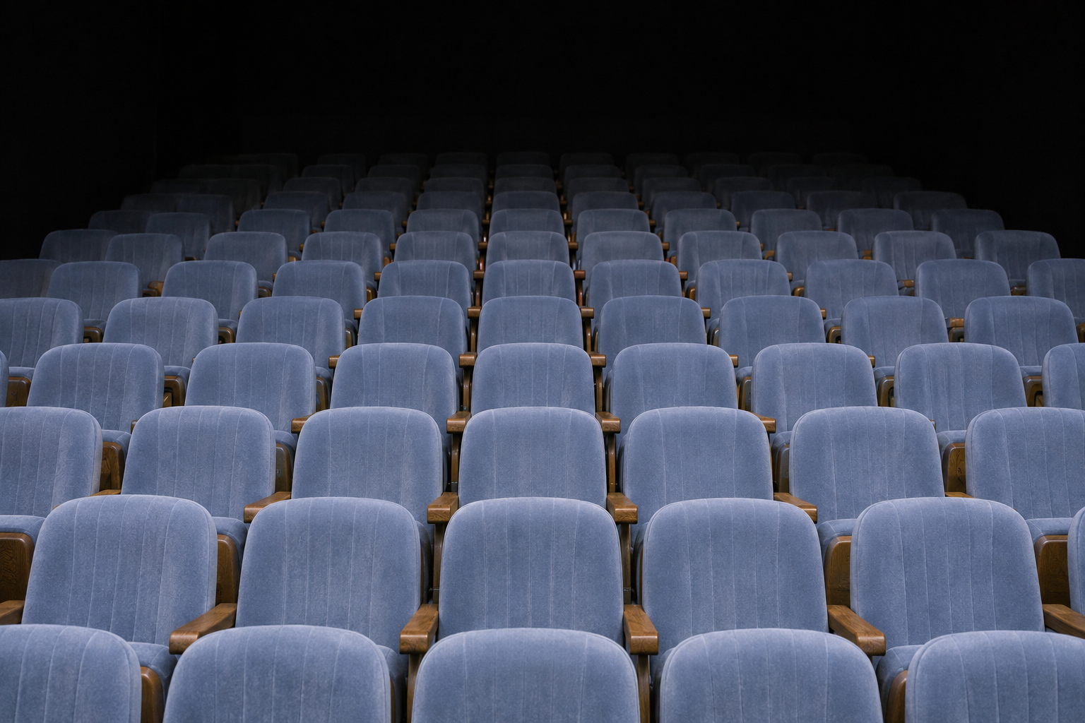 Rows of blue velvet theater seats forming the audience